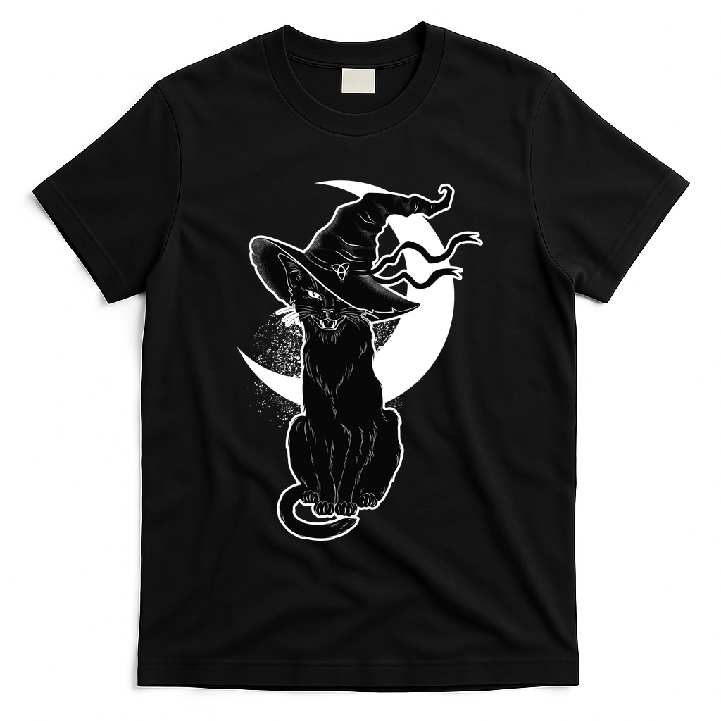 Vintage Scary Halloween Black Cat Moon Witch T-Shirt