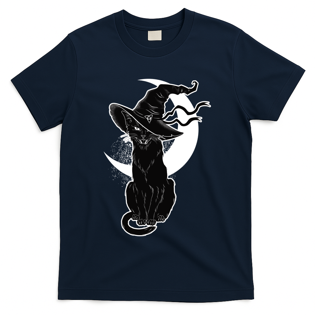 Vintage Scary Halloween Black Cat Moon Witch T-Shirt