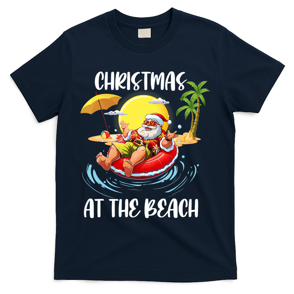 Christmas At The Beach Santa Summer Vacation Beach In July T-Shirt - Navy