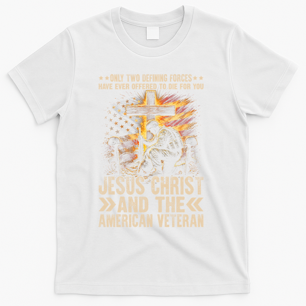 Christian American Veteran Patriotic Memorial Jesus Gift T-Shirt - White
