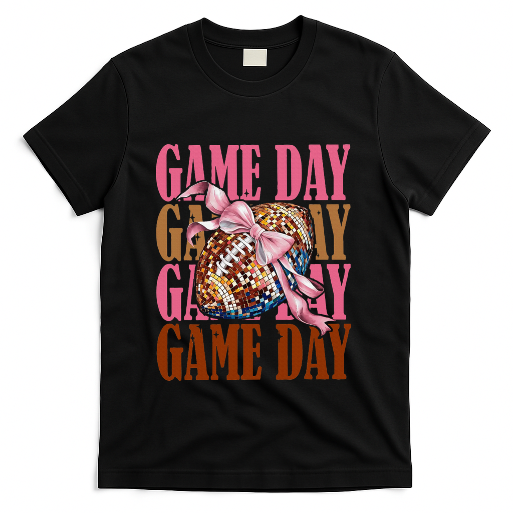 Coquette Bow American Football Game Day Thanksgiving Autumn T-Shirt - Black