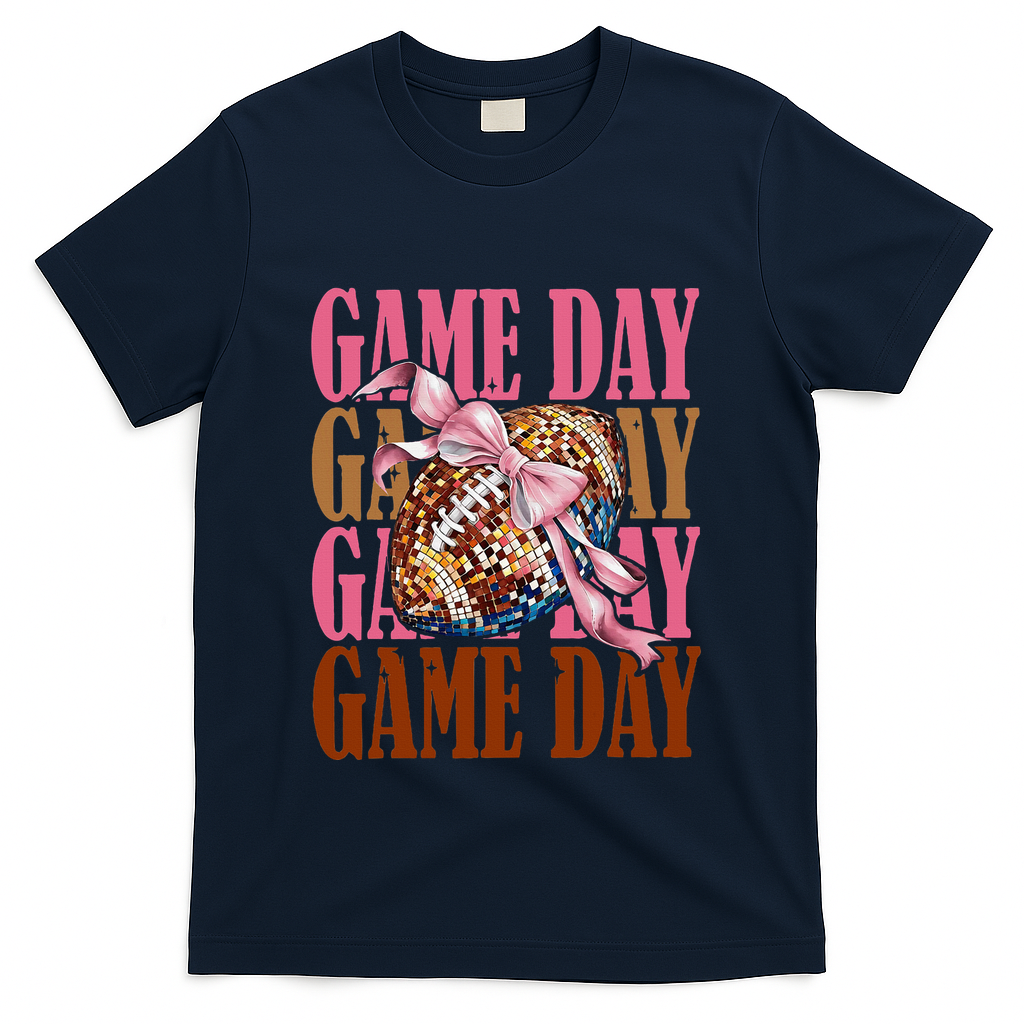 Coquette Bow American Football Game Day Thanksgiving Autumn T-Shirt - Navy