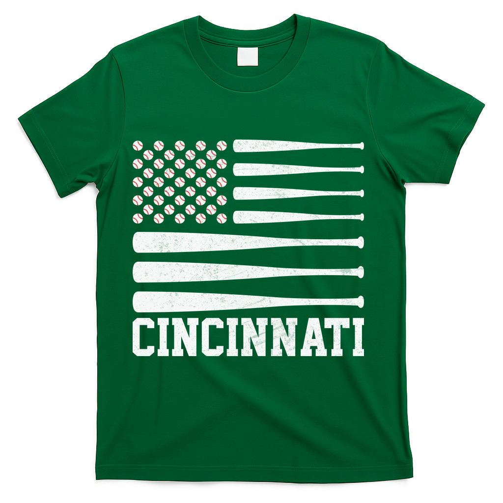 Cincinnati Baseball Bat American Flag T-Shirt - Green