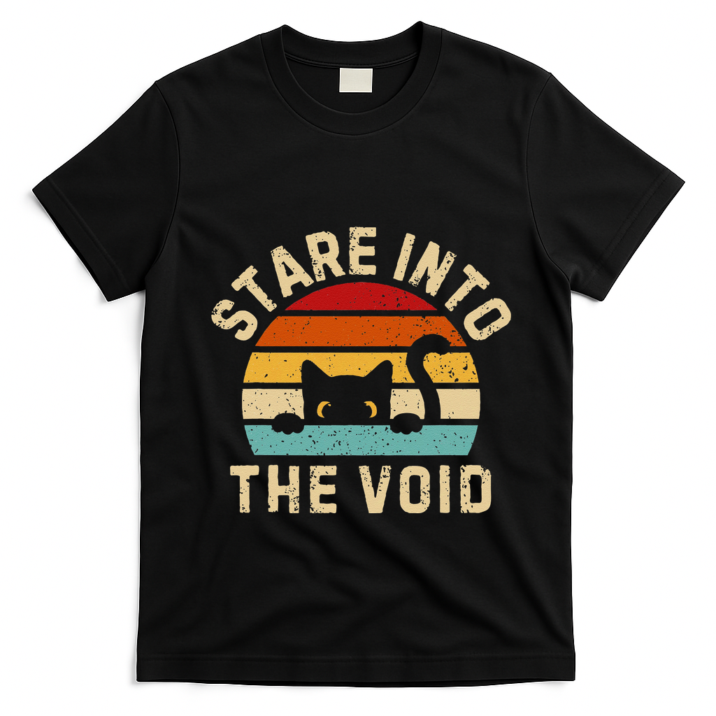 Cute Black Cat Stare Into The Void T-Shirt - Black