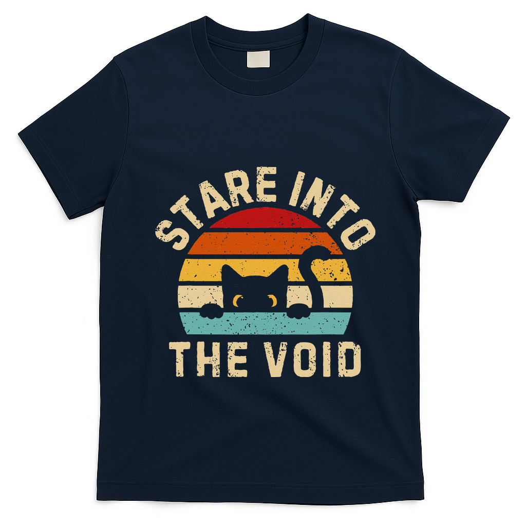 Cute Black Cat Stare Into The Void T-Shirt - Navy Blue