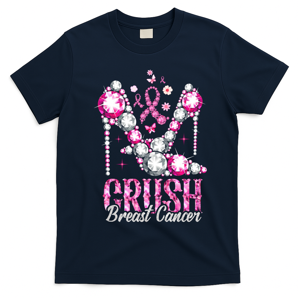 Crush Breast Cancer Awareness Bling Pink Ribbon T-Shirt - Navy Blue