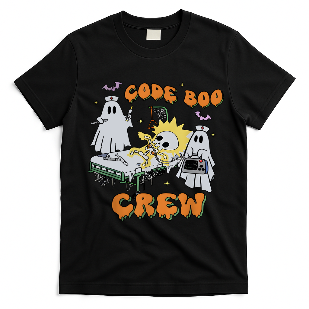 Code Boo Crew Funny Ghost Nurse Halloween T-Shirt - Black