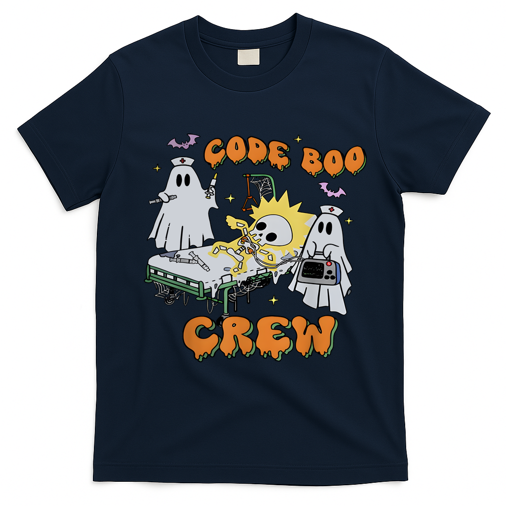 Code Boo Crew Funny Ghost Nurse Halloween T-Shirt - Navy Blue