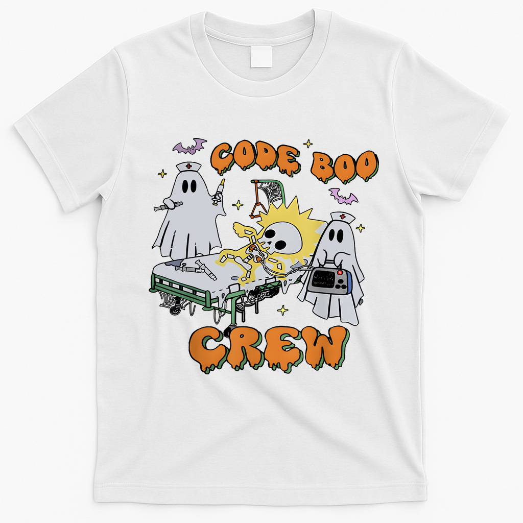 Code Boo Crew Funny Ghost Nurse Halloween T-Shirt - White