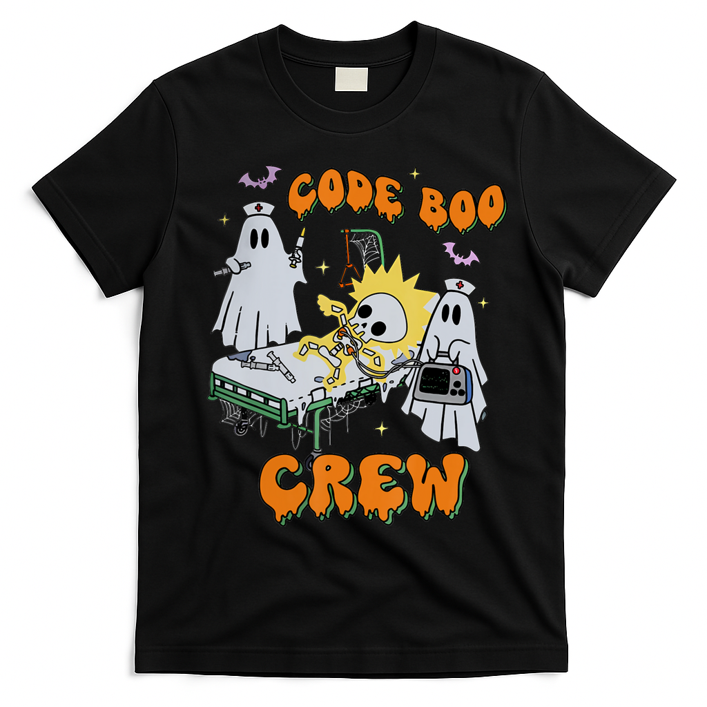 Code Boo Crew Funny Ghost Nurse Halloween Costume T-Shirt - Black