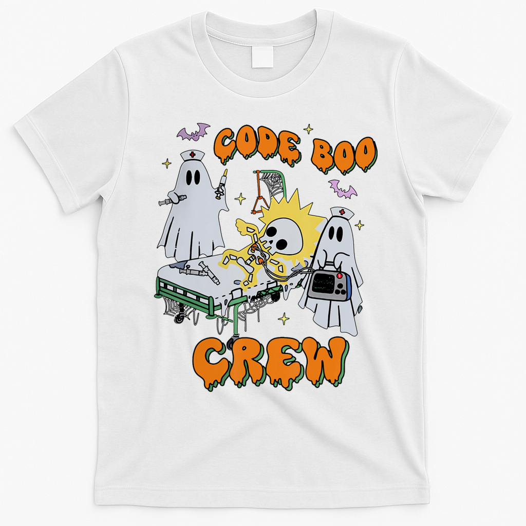 Code Boo Crew Funny Ghost Nurse Halloween Costume T-Shirt - White