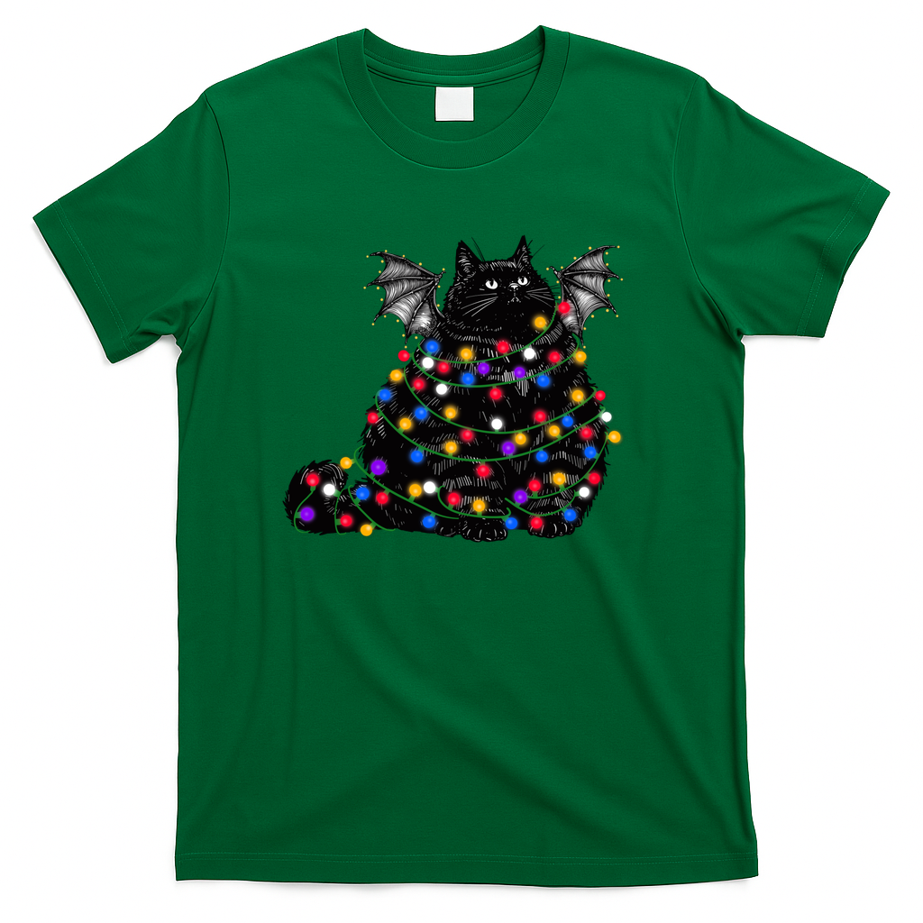 Chonky Bat Cat In Christmas Lights - Green