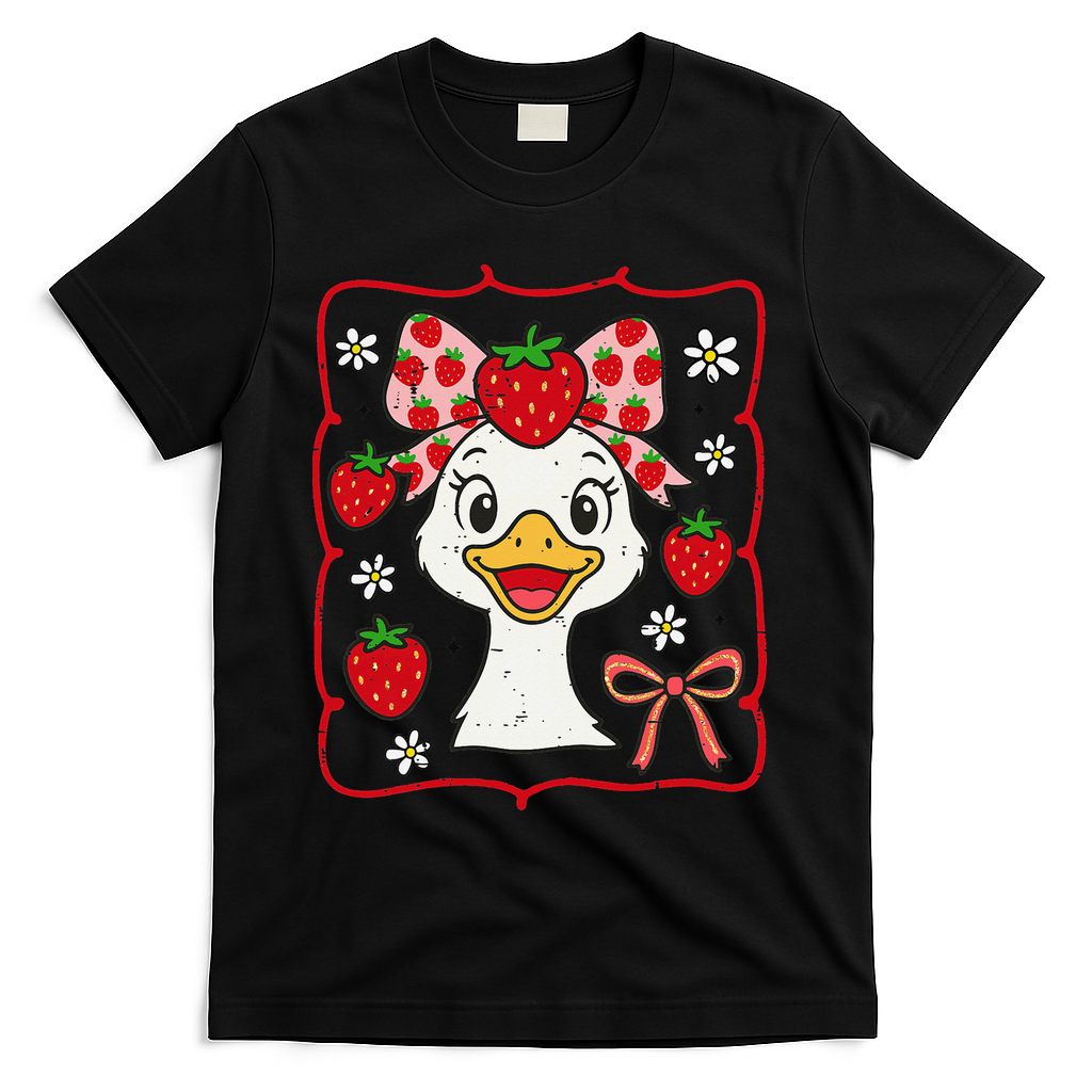 Coquette Bow Cute Strawberry Goose Lover Girly Summer Vibes T-Shirt - Black