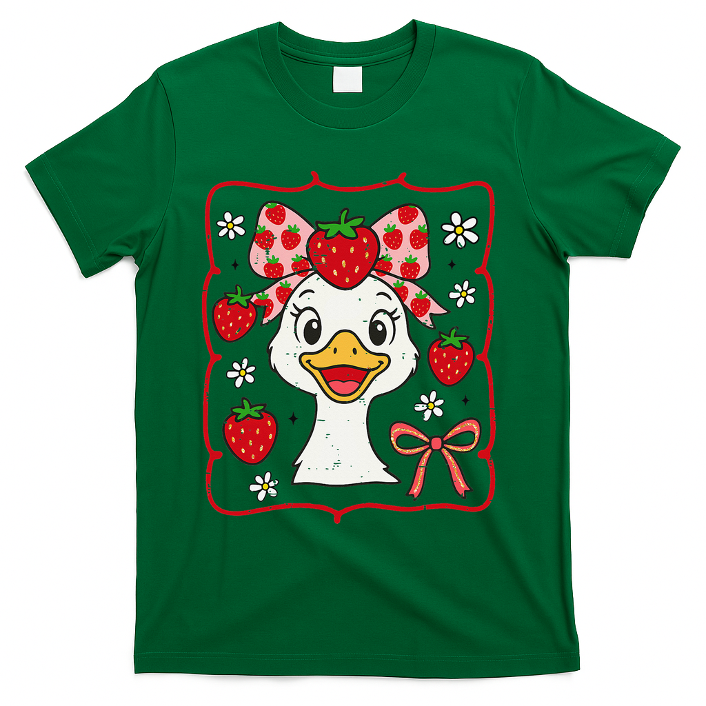 Coquette Bow Cute Strawberry Goose Lover Girly Summer Vibes T-Shirt - Green