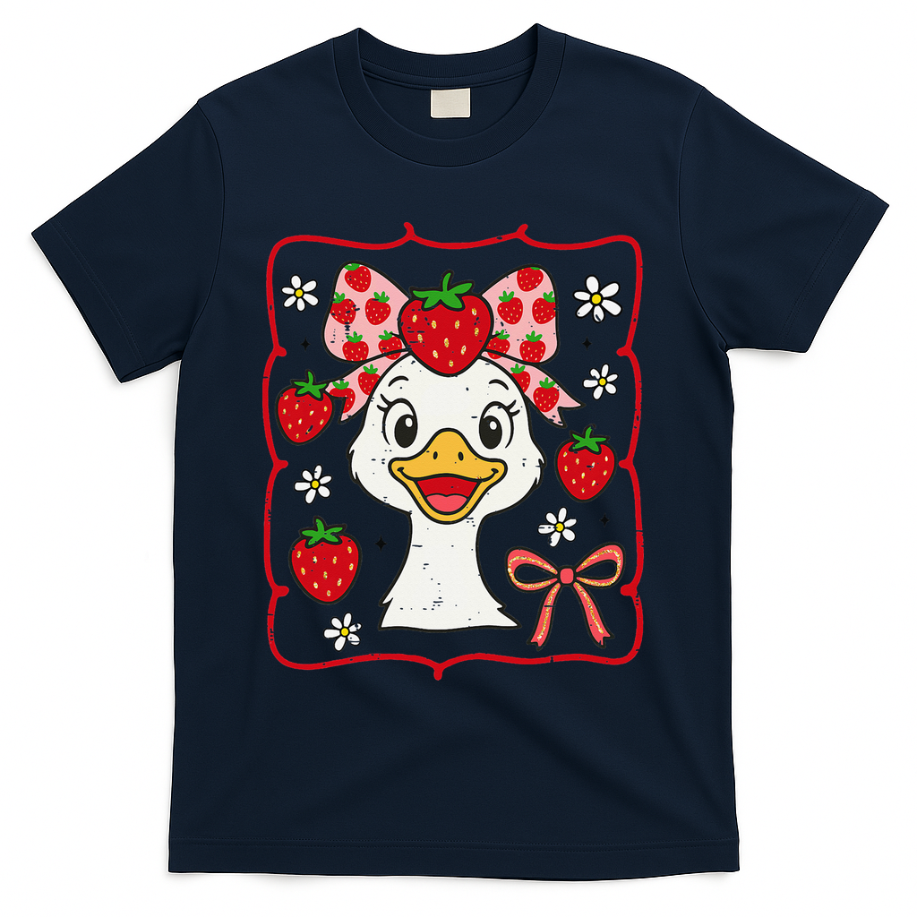 Coquette Bow Cute Strawberry Goose Lover Girly Summer Vibes T-Shirt - Navy