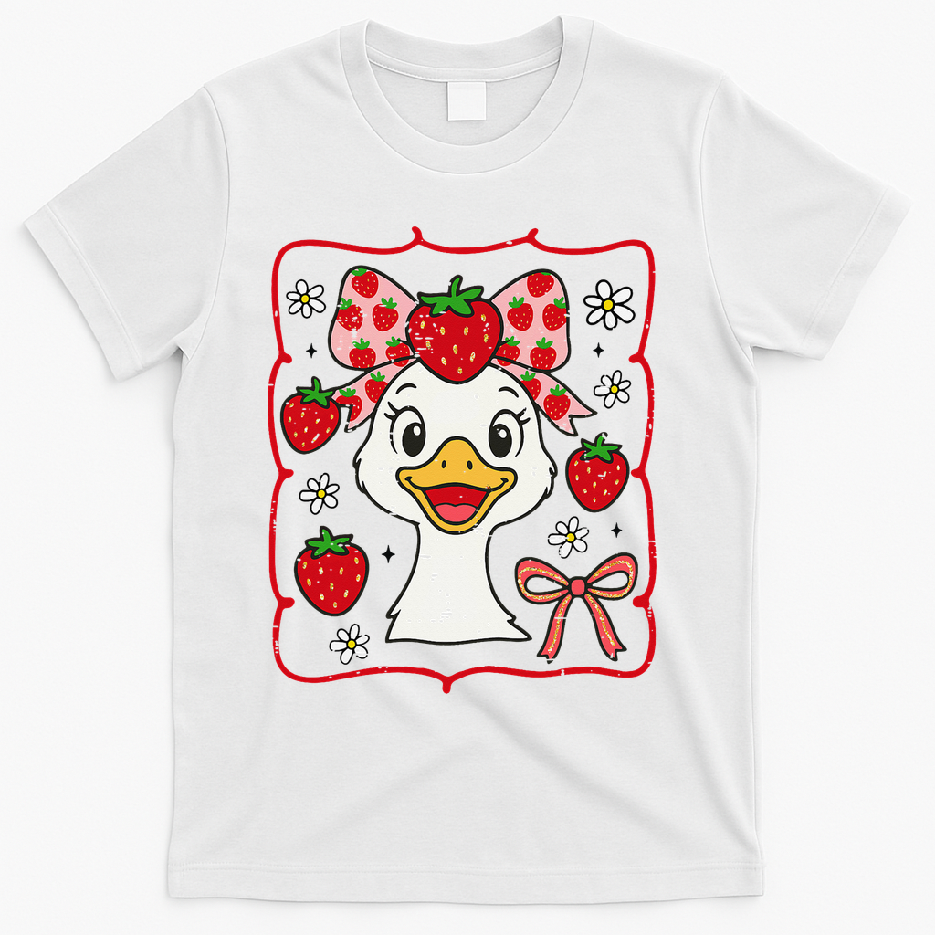 Coquette Bow Cute Strawberry Goose Lover Girly Summer Vibes T-Shirt - White