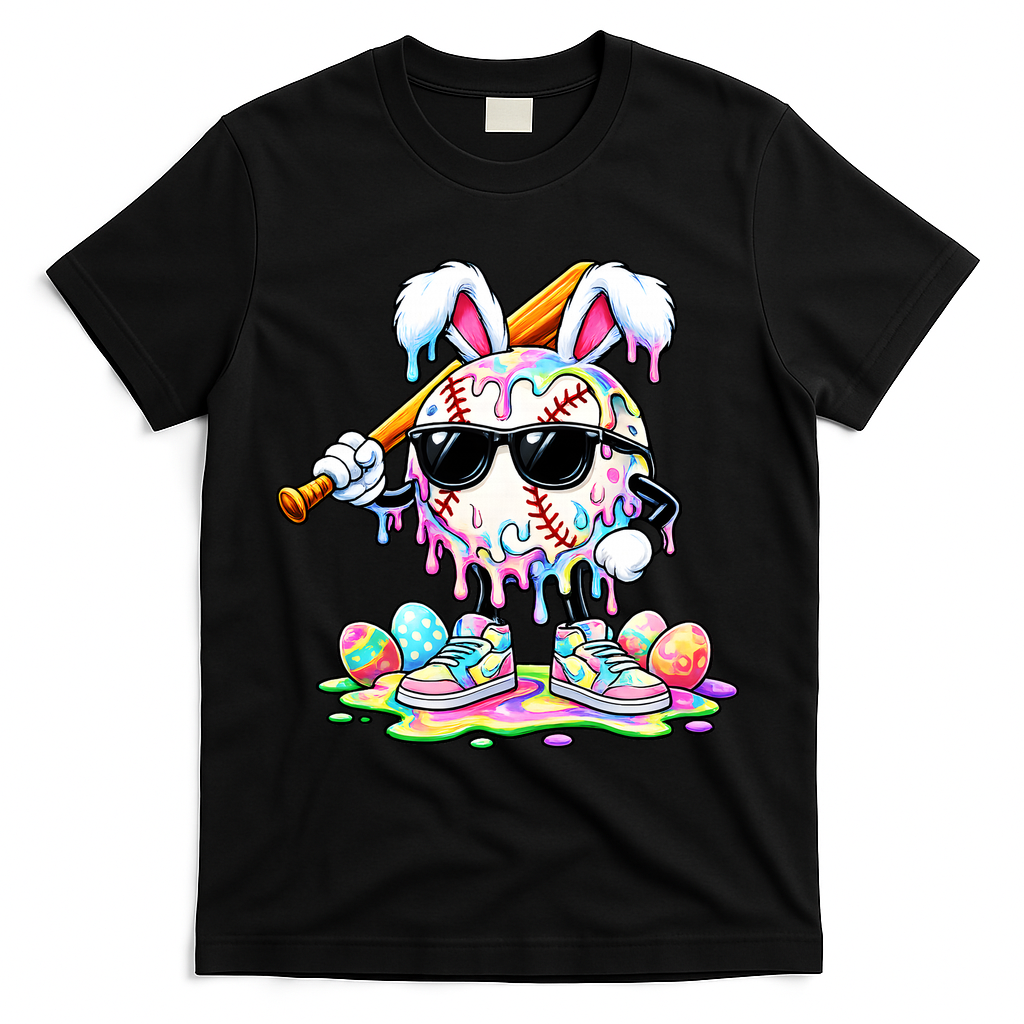Cool Baseball Drip Bunny Rabbit Easter T-Shirt - Black