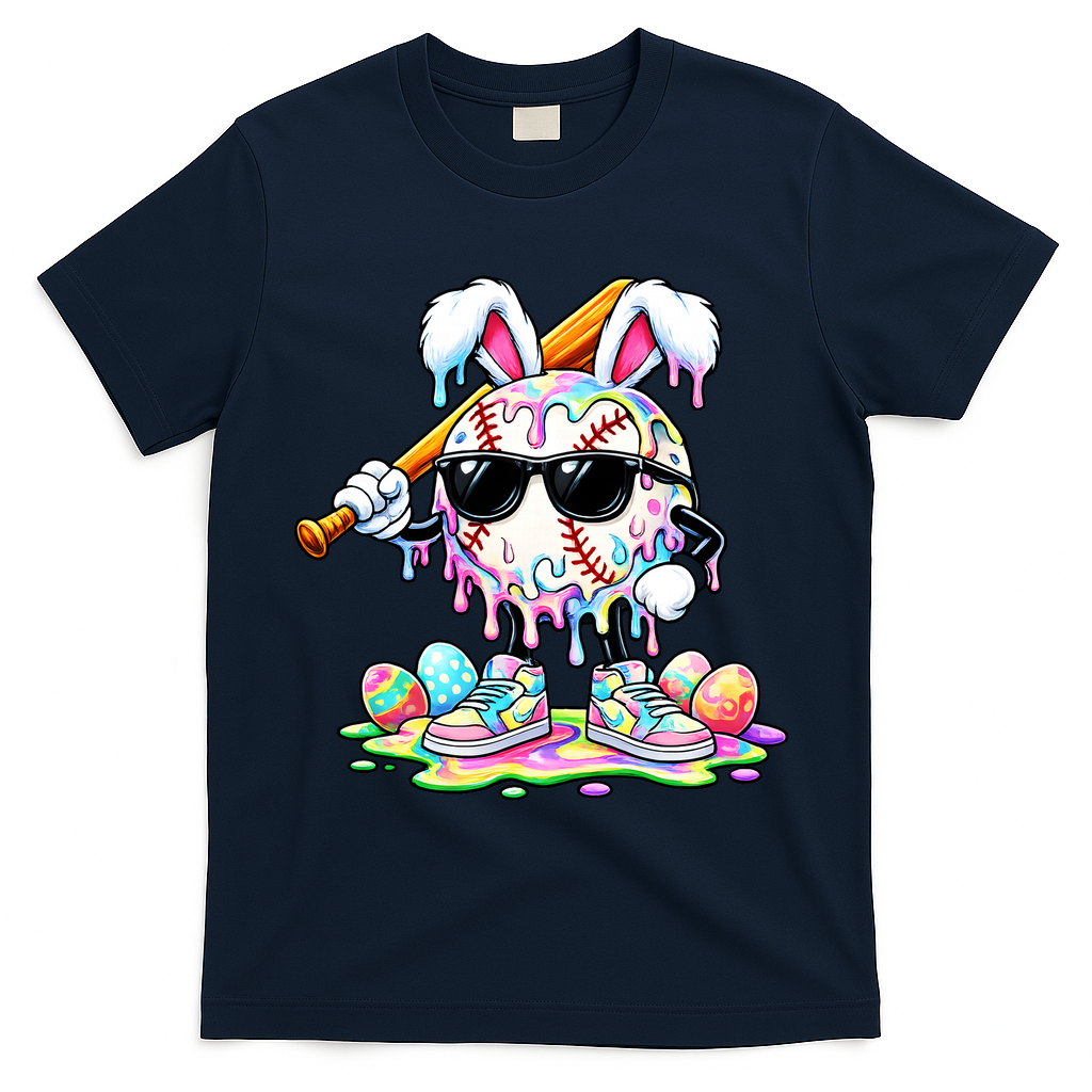 Cool Baseball Drip Bunny Rabbit Easter T-Shirt - Navy