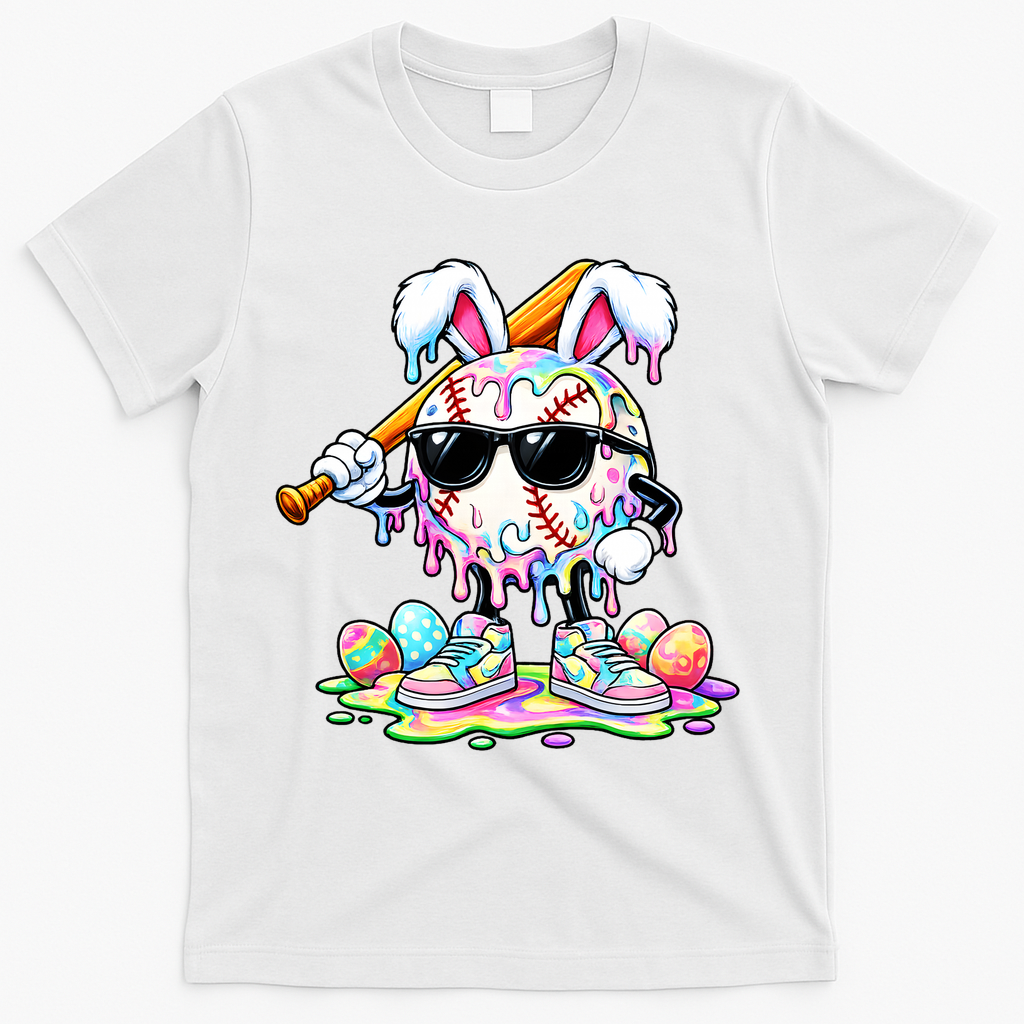 Cool Baseball Drip Bunny Rabbit Easter T-Shirt - White