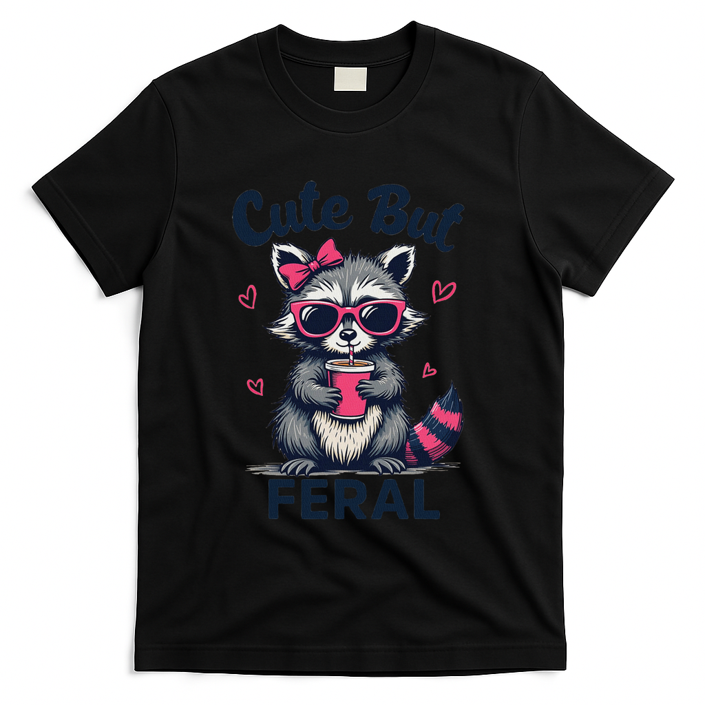 Cute But Feral Girl Summer Raccoon Funny Women T-Shirt - Black