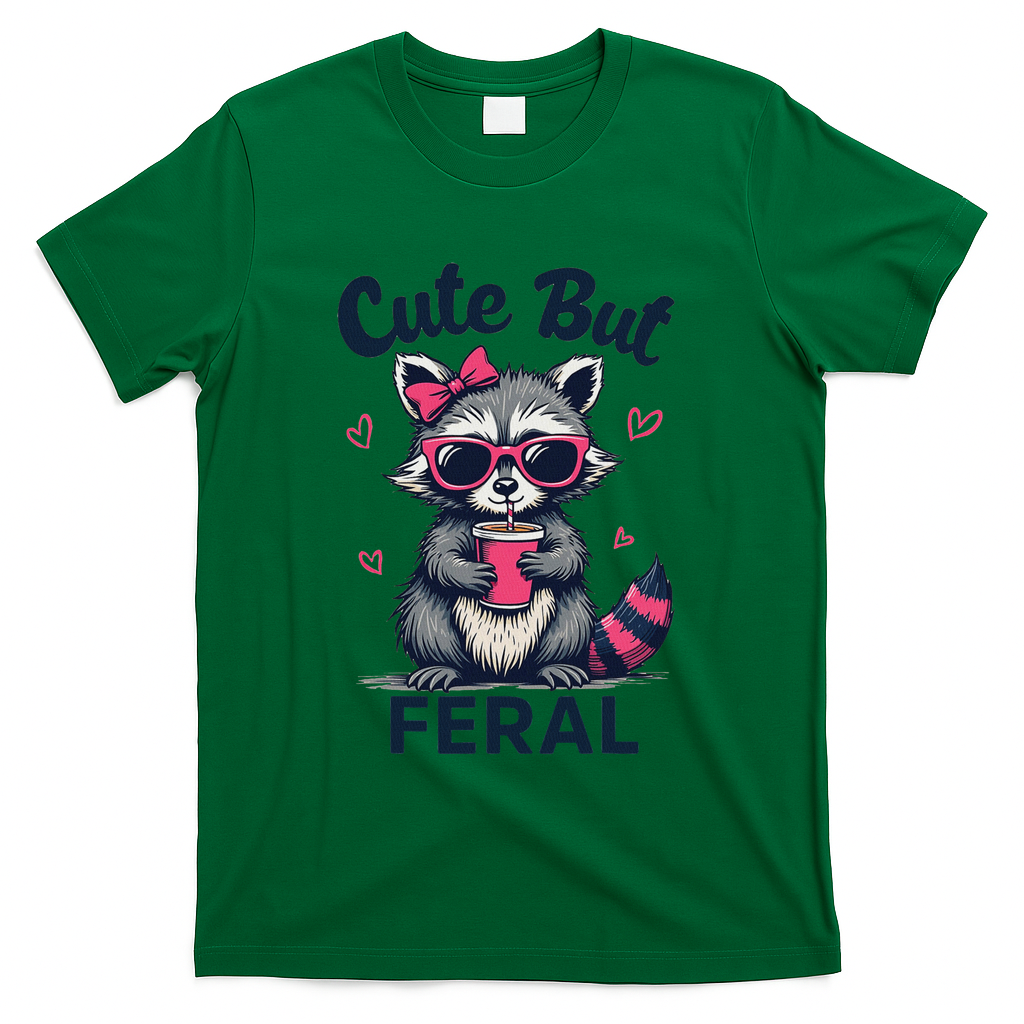 Cute But Feral Girl Summer Raccoon Funny Women T-Shirt - Green