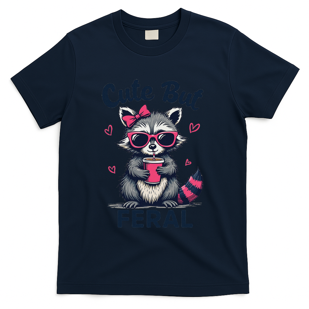 Cute But Feral Girl Summer Raccoon Funny Women T-Shirt - Navy