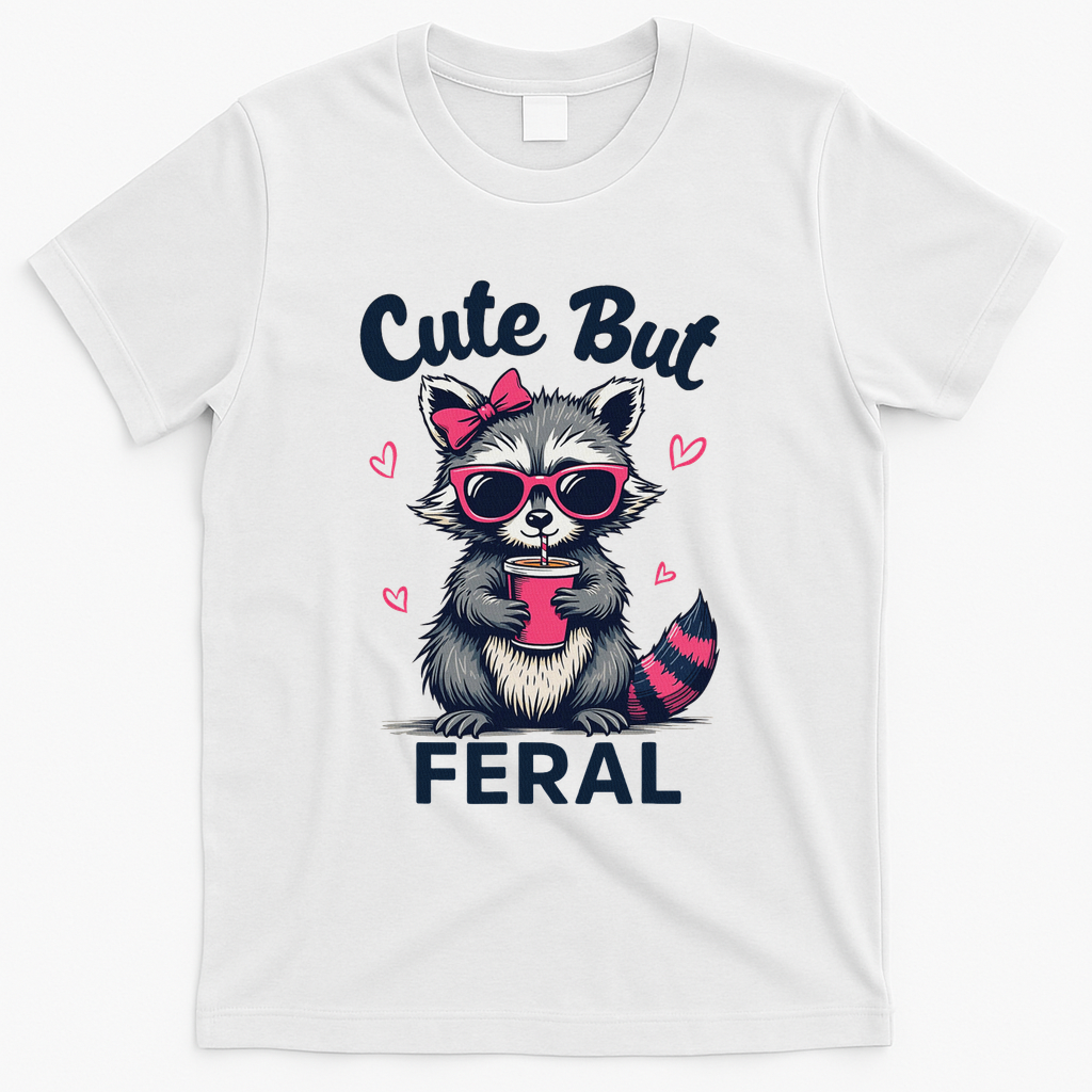 Cute But Feral Girl Summer Raccoon Funny Women T-Shirt - White