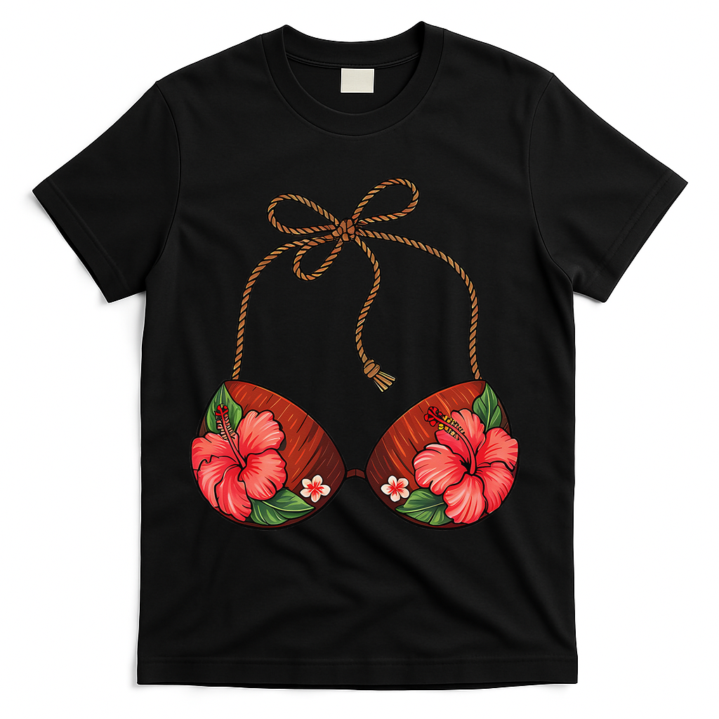 Coconut Bra Flower Boobs Funny Coconut Summer Aloha Beach T-Shirt - Black