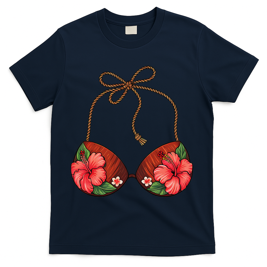 Coconut Bra Flower Boobs Funny Coconut Summer Aloha Beach T-Shirt - Navy