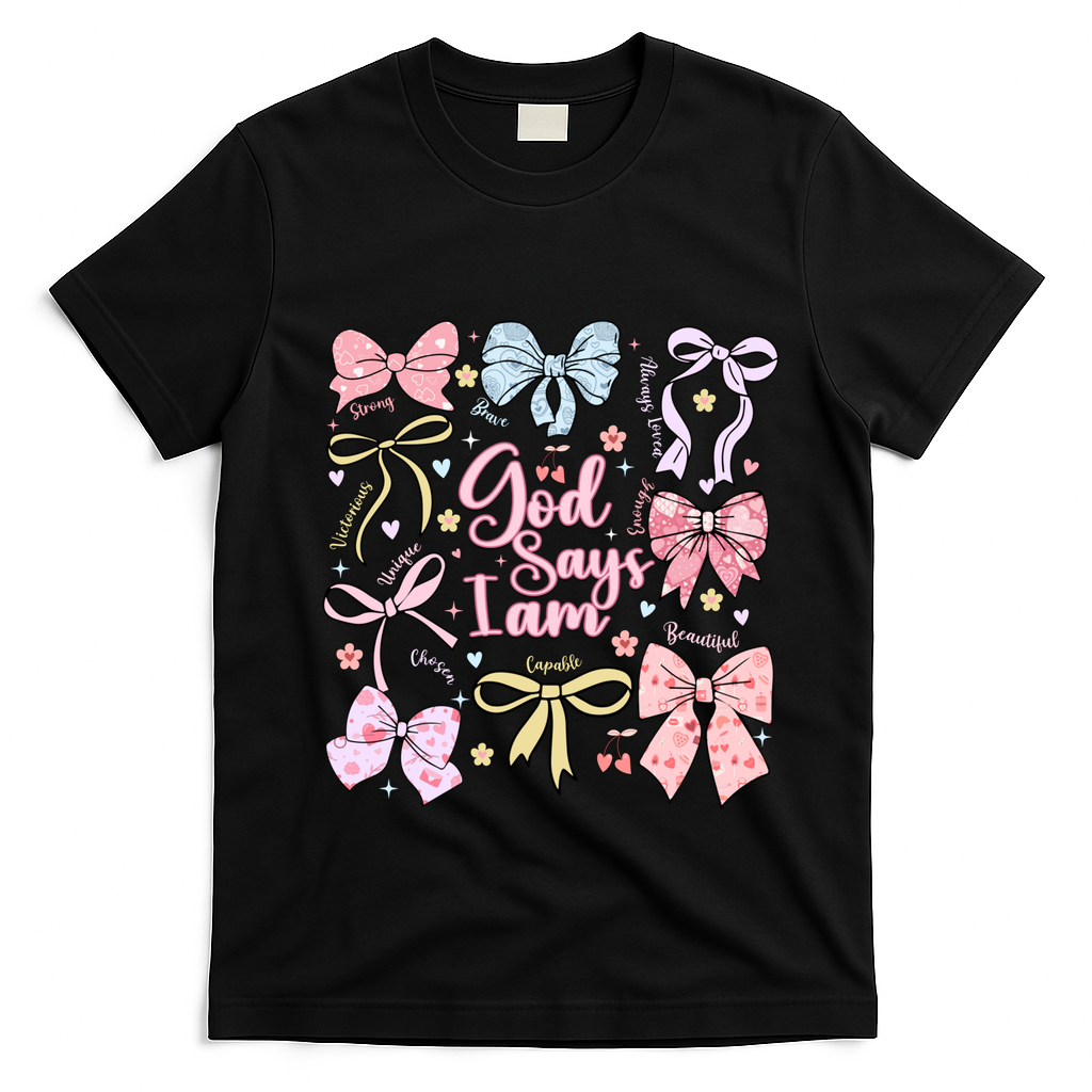 Coquette Bow God Says I Am Valentine Christian Grunge Cool Gift T-Shirt - Black