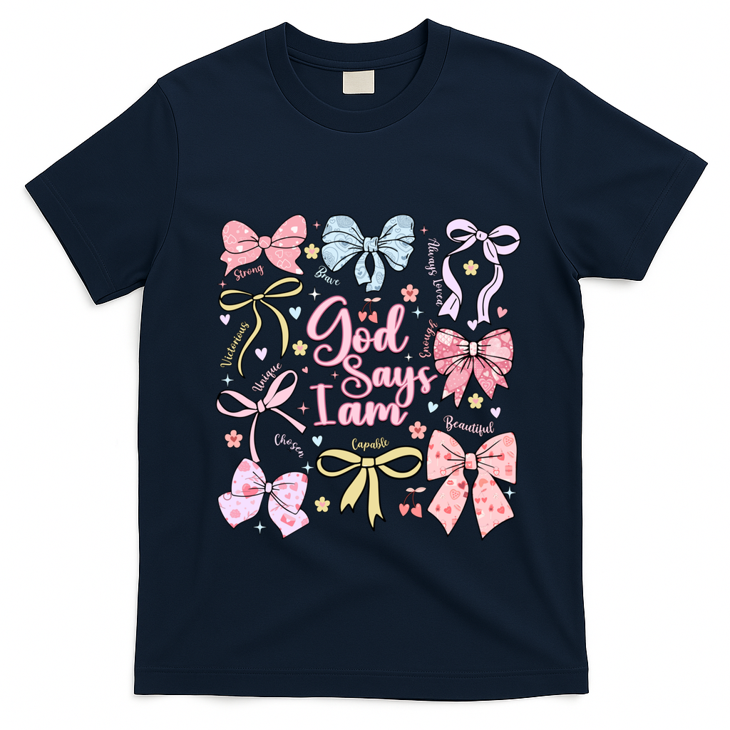 Coquette Bow God Says I Am Valentine Christian Grunge Cool Gift T-Shirt - Navy Blue
