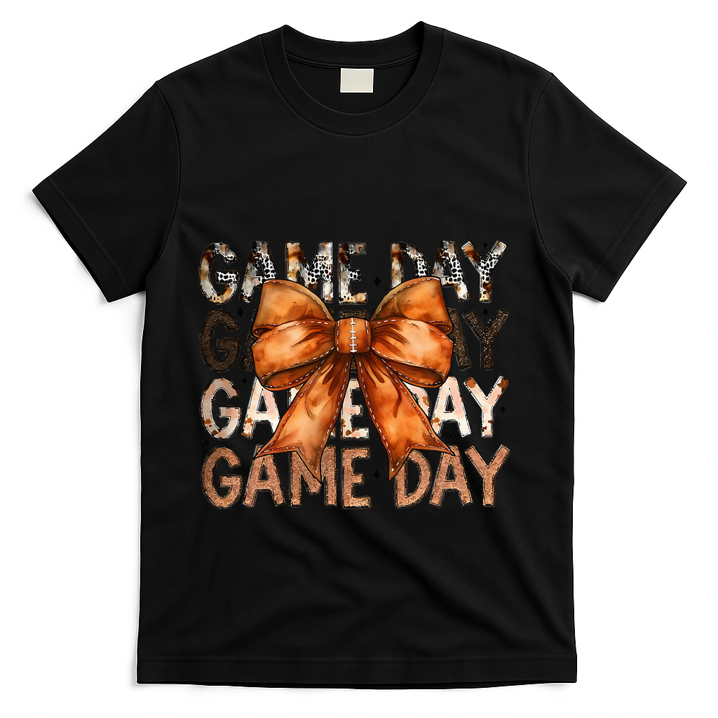 Coquette Bow Game Day American Football Autumn Thanksgiving T-Shirt - Black