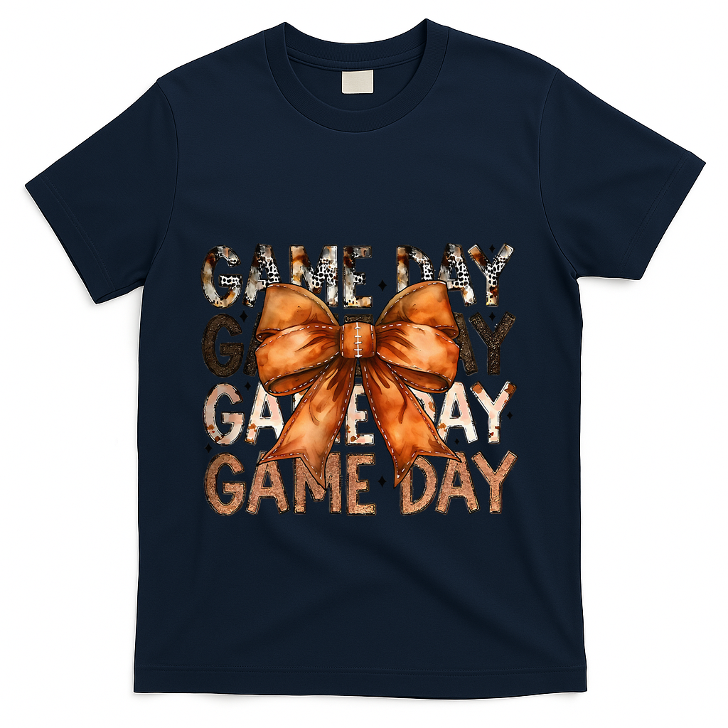 Coquette Bow Game Day American Football Autumn Thanksgiving T-Shirt - Navy