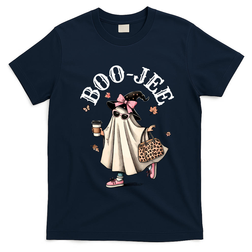 Cute Boo Jee Ghost Halloween Leopard Ghost Coffee Funny Gift T-Shirt - Navy Blue