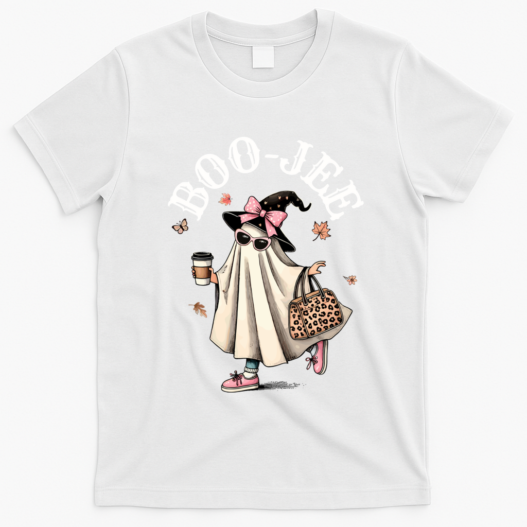 Cute Boo Jee Ghost Halloween Leopard Ghost Coffee Funny Gift T-Shirt - White