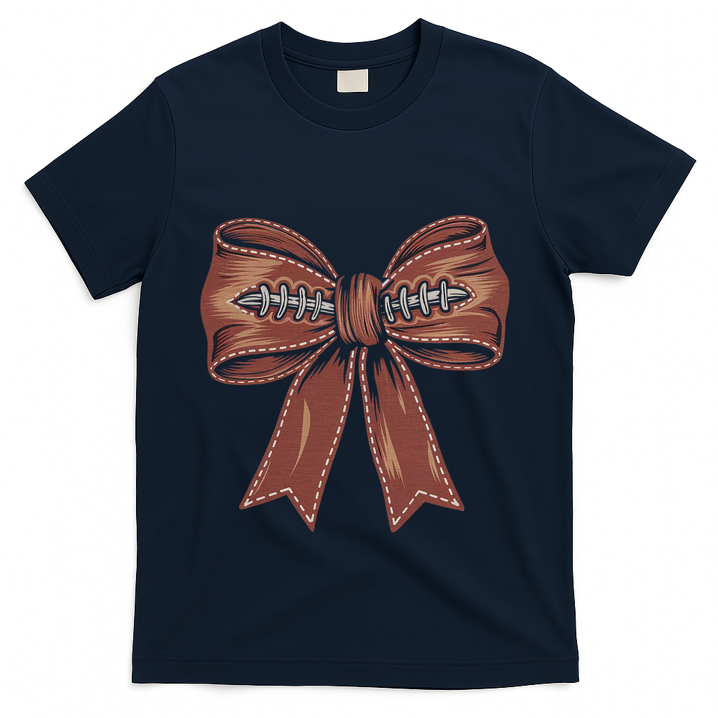 Coquette Bow Pumpkin American Football Autumn Thanksgiving T-Shirt - Navy