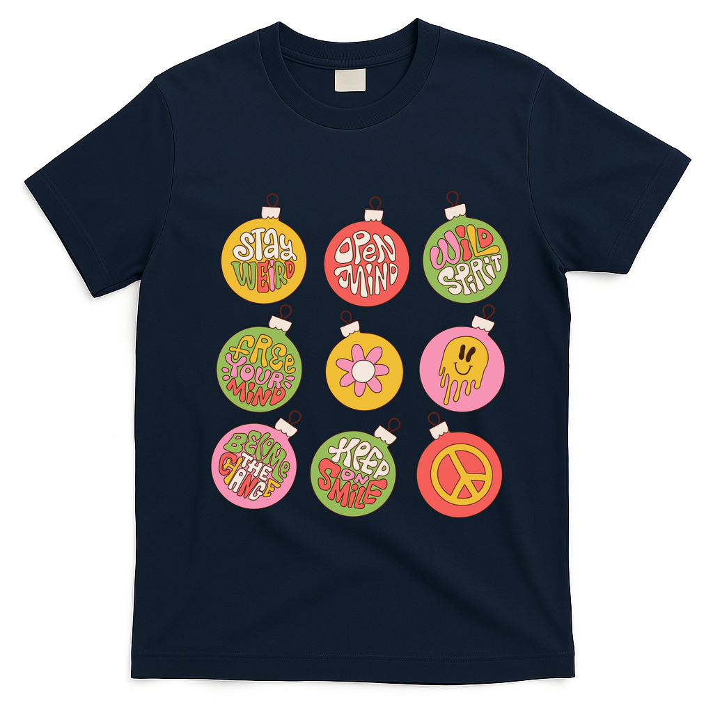 Christmas Ball Retro Ornaments T-Shirt - Navy Blue