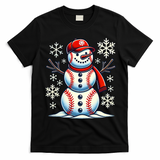 Christmas Baseball Snowman Baseball Christmas T-Shirt - Black