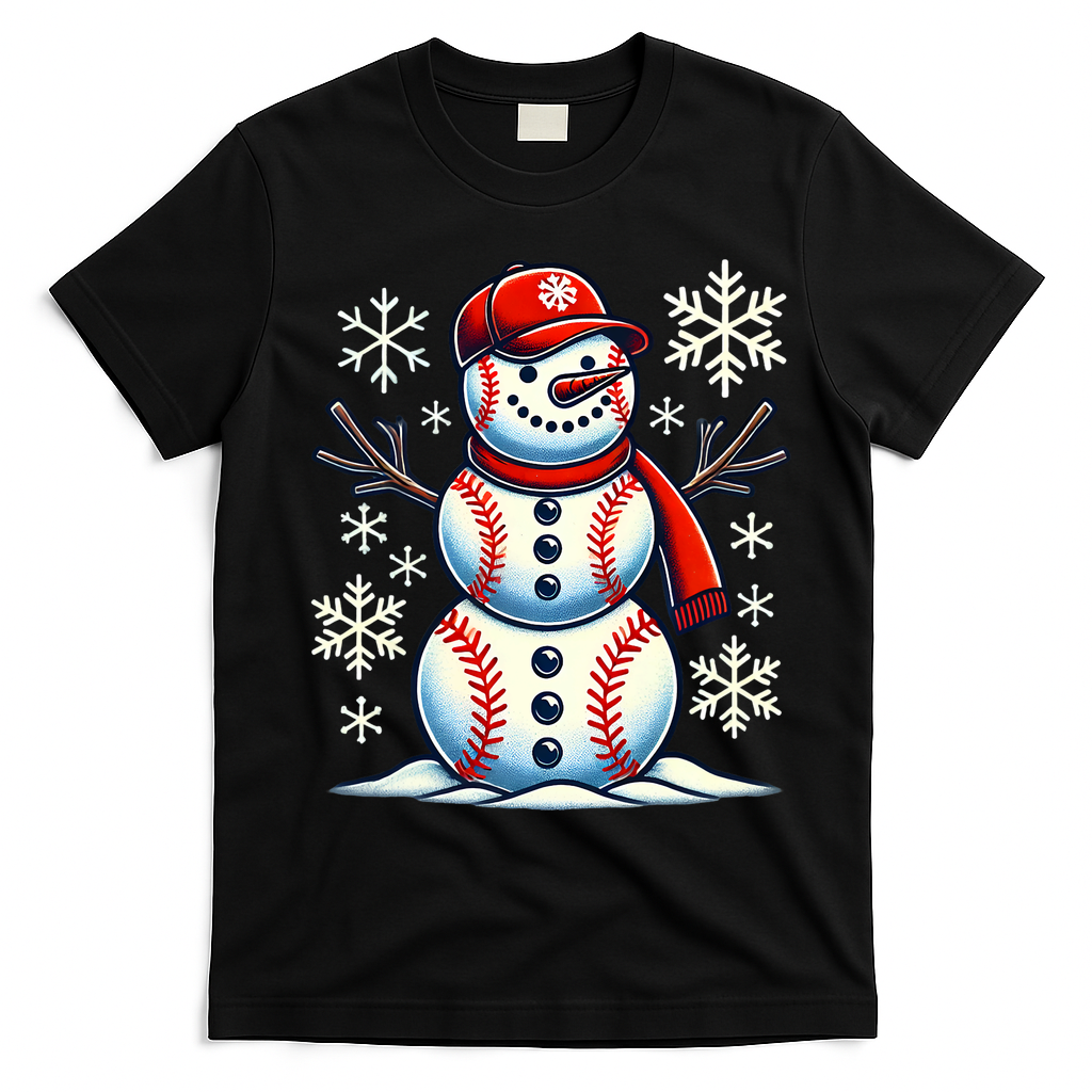 Christmas Baseball Snowman Baseball Christmas T-Shirt - Black