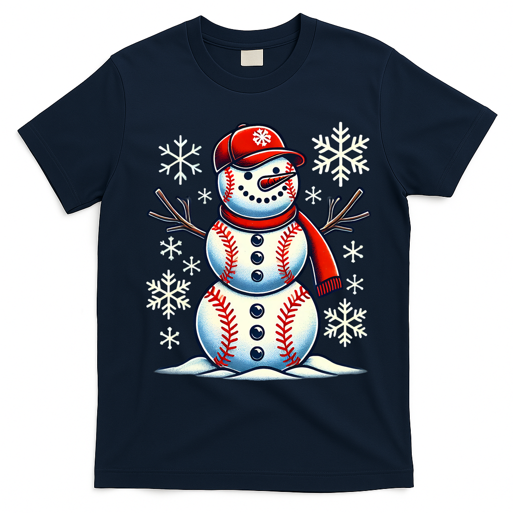 Christmas Baseball Snowman Baseball Christmas T-Shirt - Navy Blue