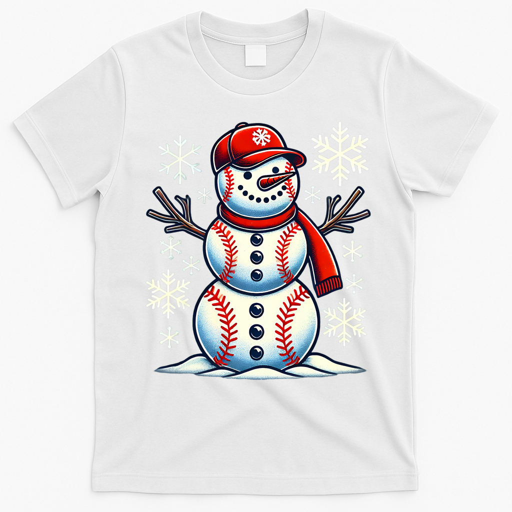 Christmas Baseball Snowman Baseball Christmas T-Shirt - White