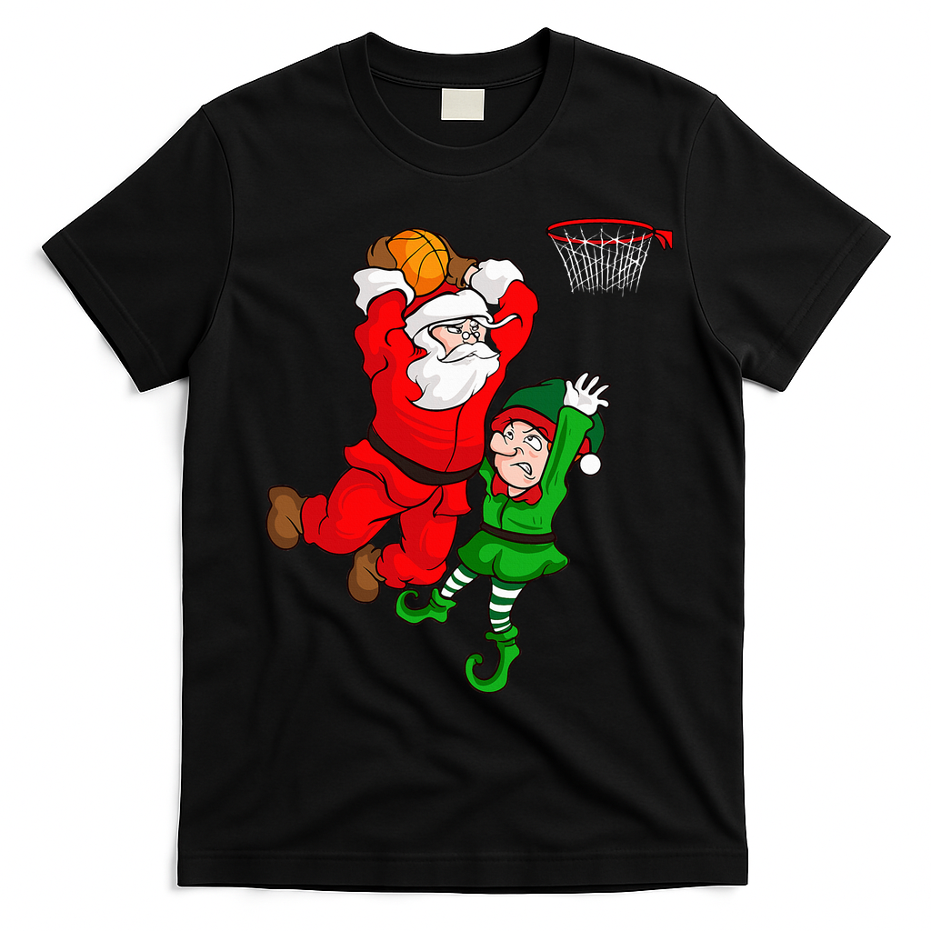 Christmas Basketball Santa Claus Slam Dunk Elf T-Shirt - Black