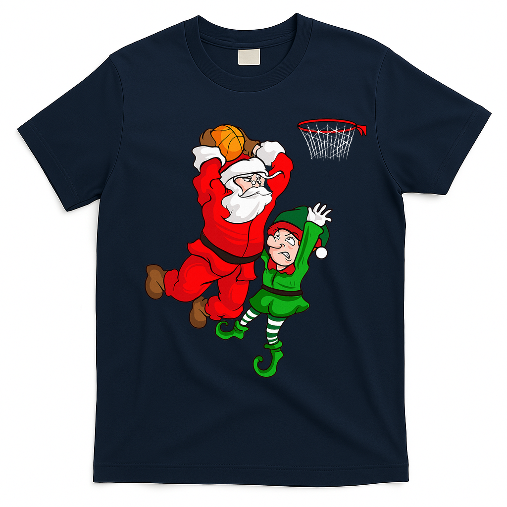 Christmas Basketball Santa Claus Slam Dunk Elf T-Shirt - Navy Blue