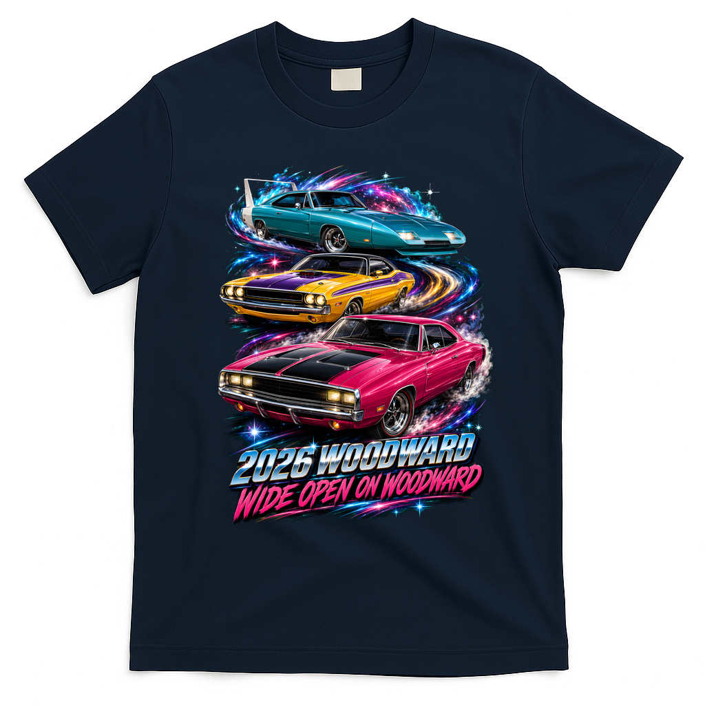 Cosmic Cars 2026 Wide Open On Woodward T-Shirt - Navy Blue