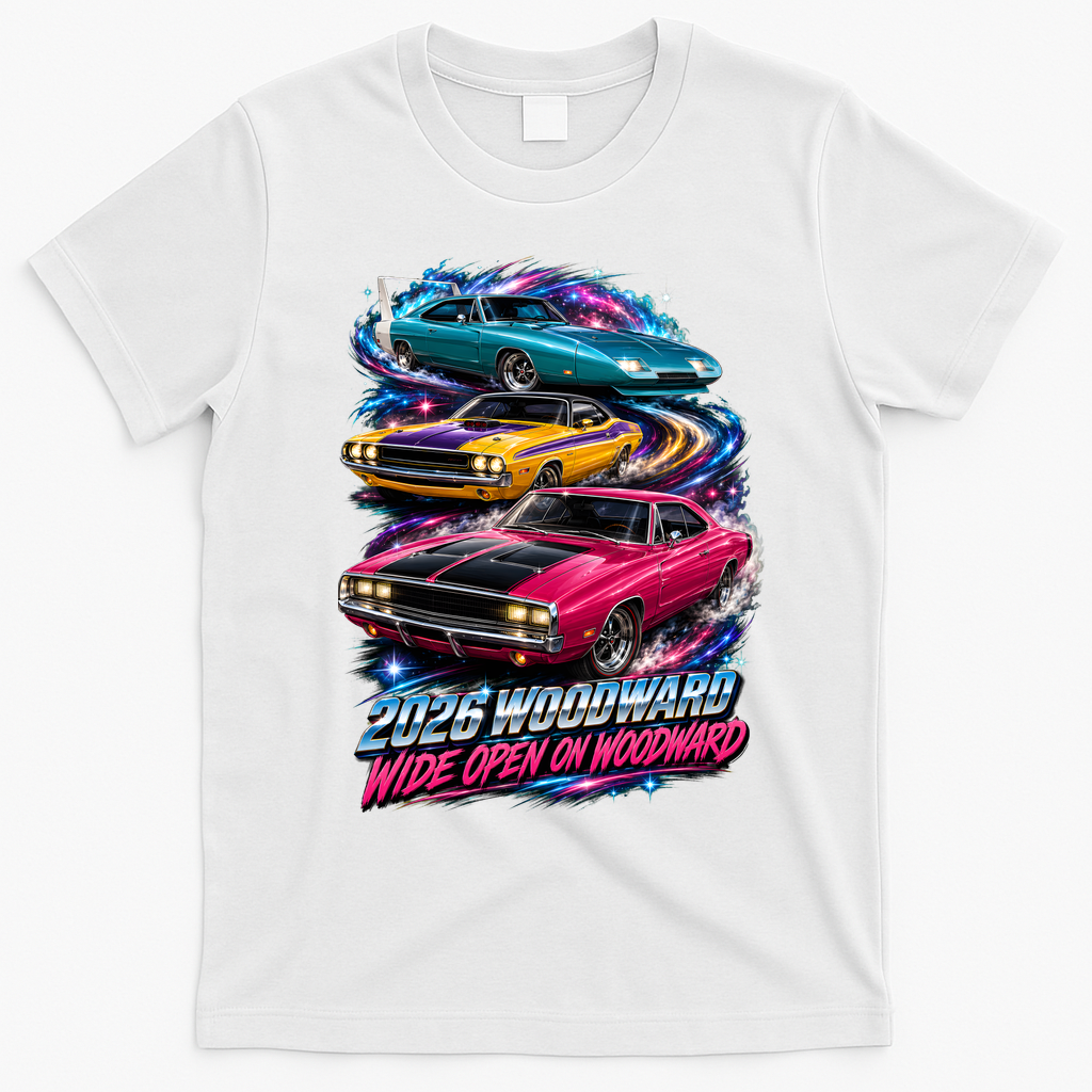 Cosmic Cars 2026 Wide Open On Woodward T-Shirt - White