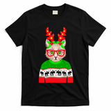 Funny Hipster Christmas Party Cat T-Shirt - Black