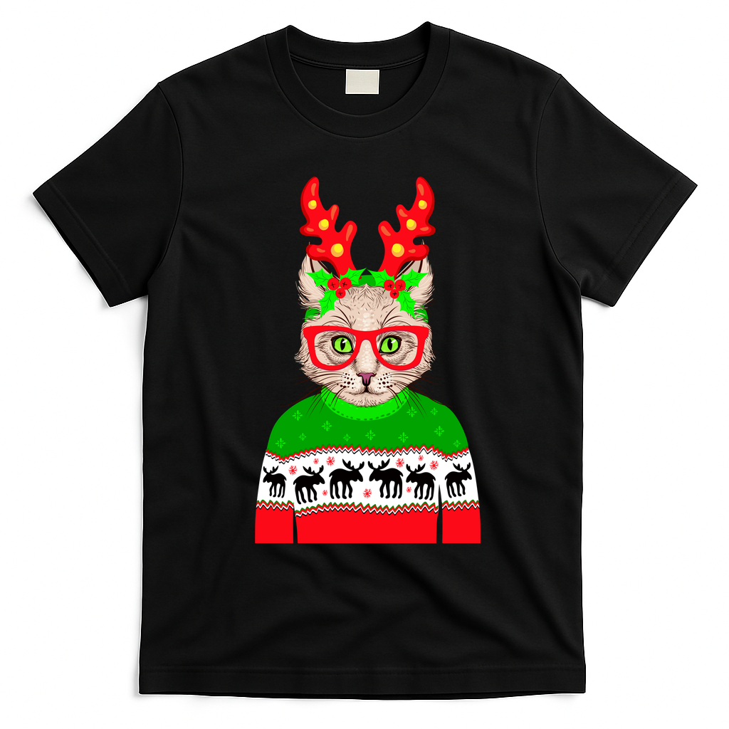 Funny Hipster Christmas Party Cat T-Shirt - Black