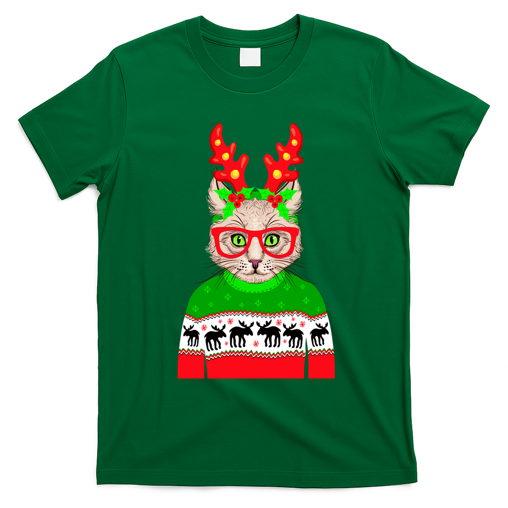 Funny Hipster Christmas Party Cat T-Shirt - Irish Green