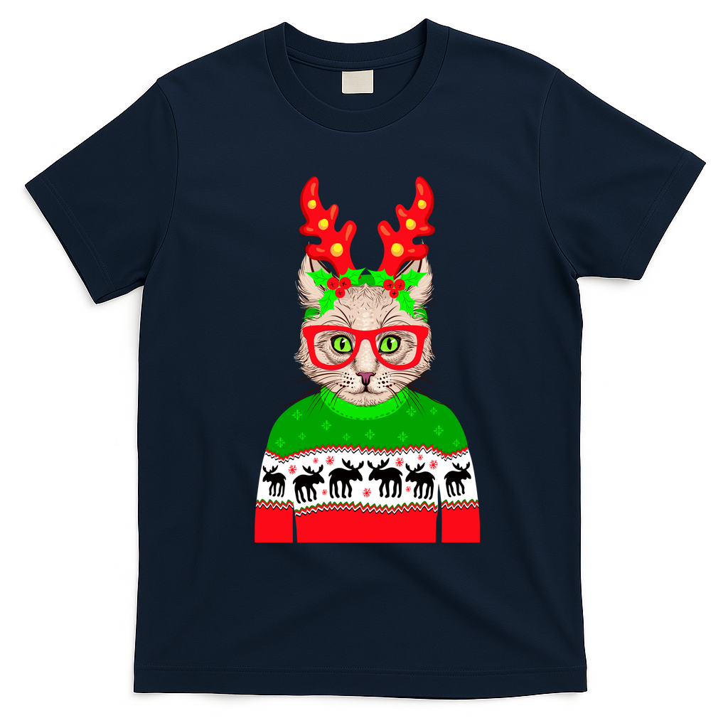Funny Hipster Christmas Party Cat T-Shirt - Navy Blue