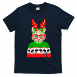Funny Hipster Christmas Party Cat T-Shirt - Navy Blue